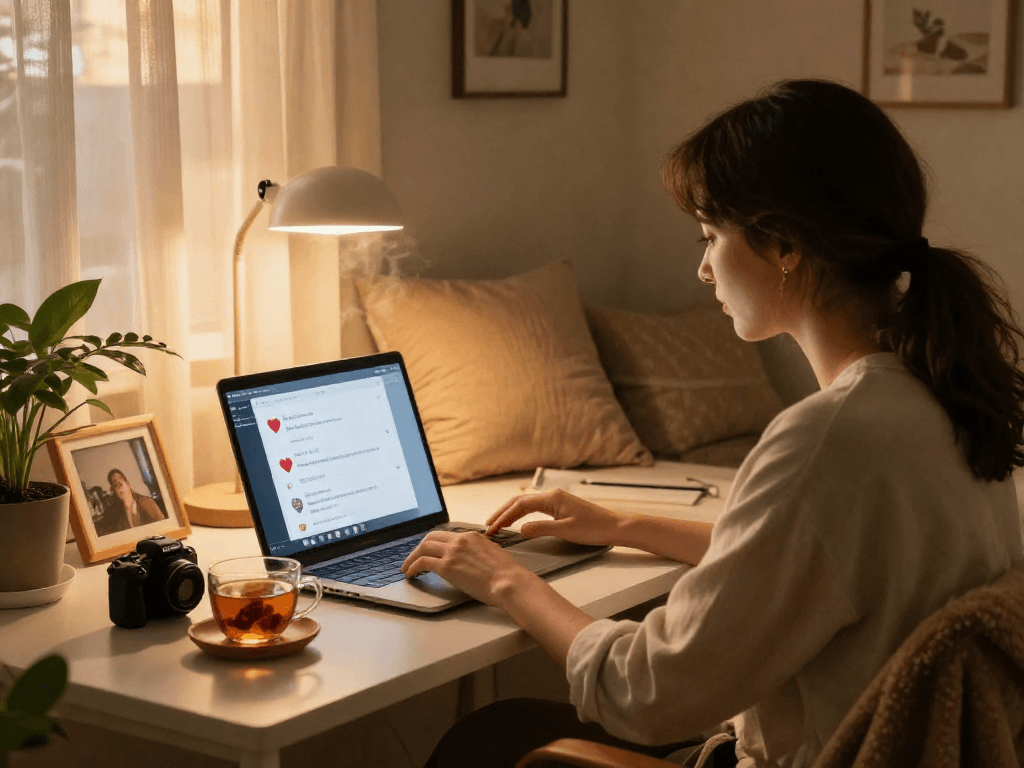 Engaging in a cozy sex chat AI conversation at home, showcasing warmth and intimacy.