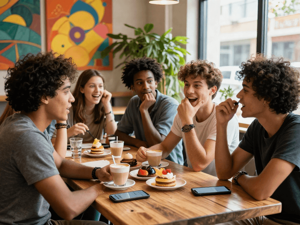 Group enjoying a spicy chat at a vibrant café with lattes and pastries.