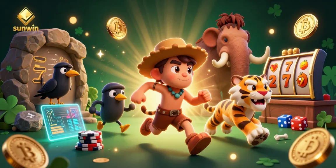 Embrace the thrill of sunwin at a prehistoric casino with cavemen, crypto elements, and vibrant game visuals.