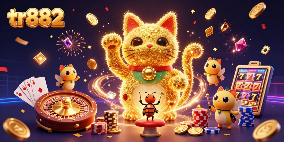 Experience vibrant gaming with tr882's 3D lucky cat and dynamic casino symbols.