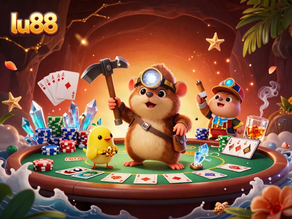 Experience thrilling gameplay at lu88 with a vibrant scene featuring poker action and treasure hunting.