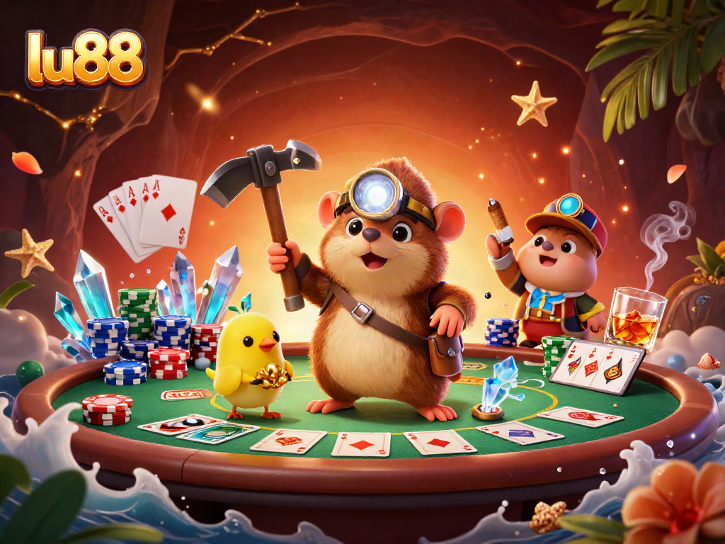 Experience thrilling gameplay at lu88 with a vibrant scene featuring poker action and treasure hunting.