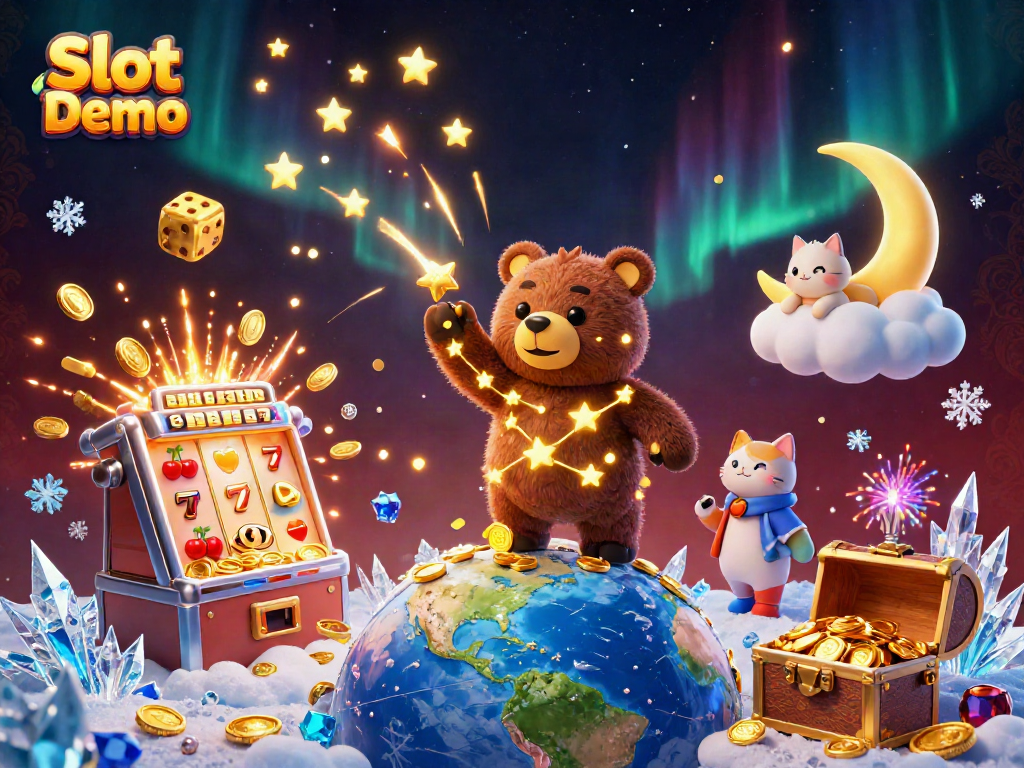 Engaging Slot Demo illustration with a constellation bear, 3D slot machine, and joyful elements.
