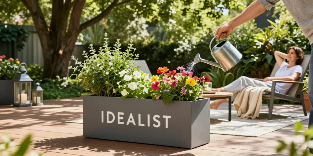 IDEALIST planters filled with colorful flowers on a sunny patio, depicting vibrant home garden aesthetics.