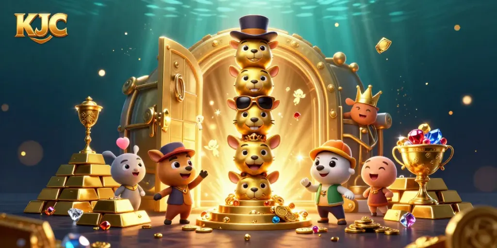 KJC's thrilling gold rush scene showcases a vibrant casino-themed totem and treasure.