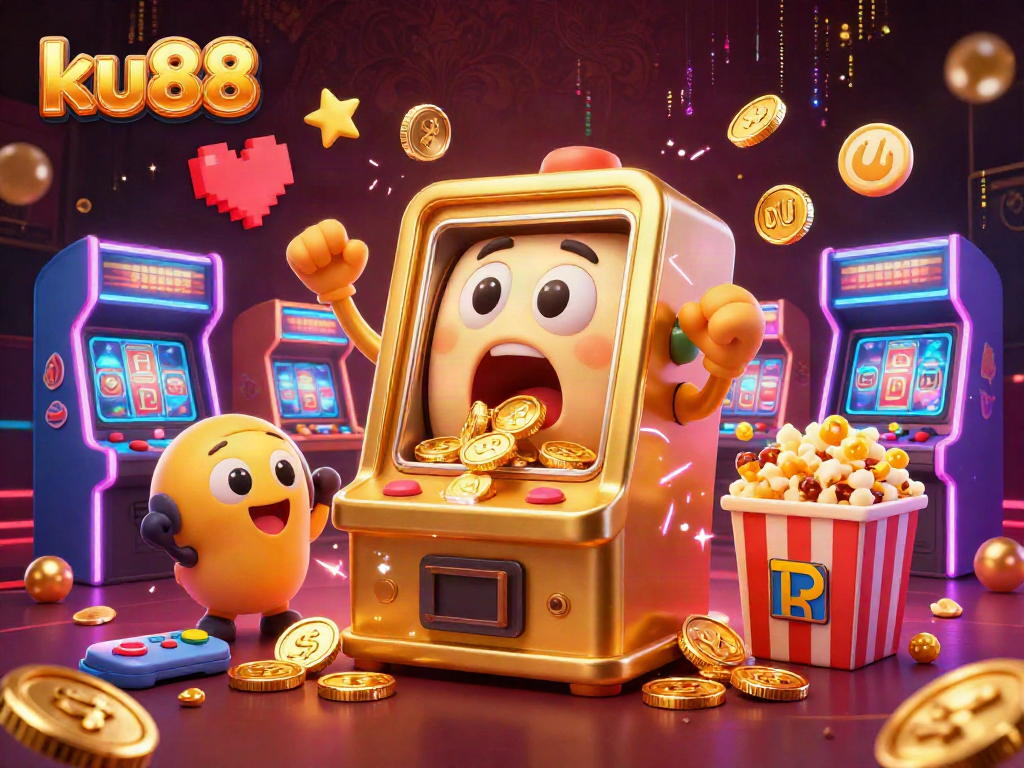 Engaging illustration showcasing ku88's golden slot machine celebrating its jackpot amidst colorful casino elements.