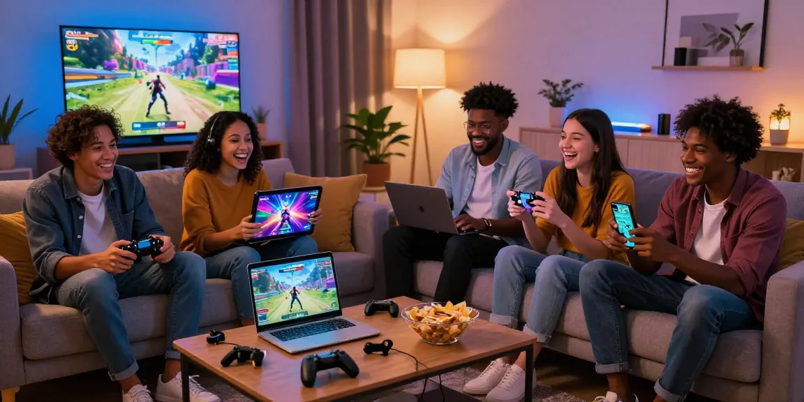 Friends excitedly playing html porn games on various devices in a cozy living room.