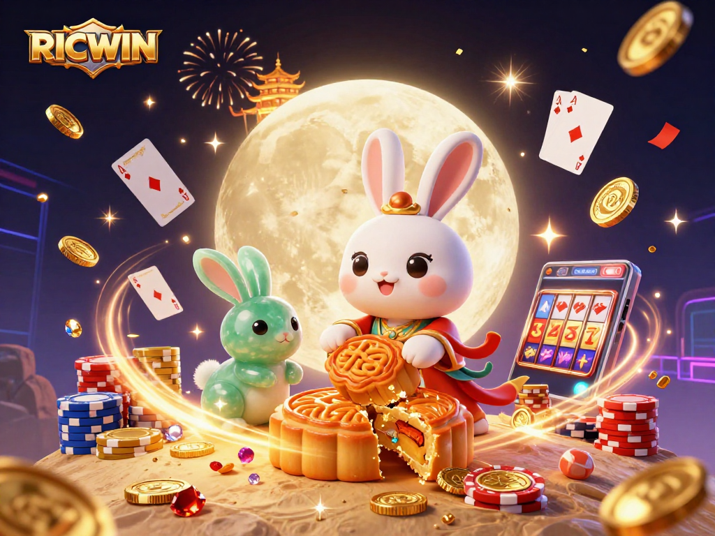 Play RICWIN to win big with vibrant 3D illustration of moon rabbits and casino elements.