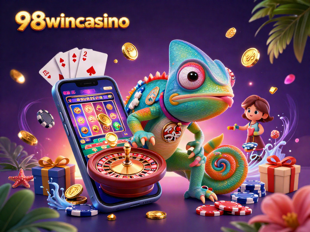 Experience winning excitement at 98wincasino with a colorful casino scene featuring a vibrant chameleon owner.