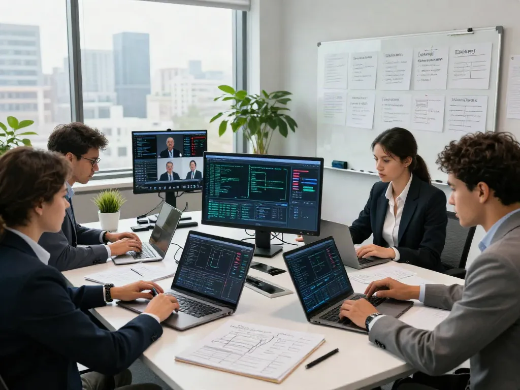 Cyber fraud investigation team collaborating in a modern office environment, analyzing digital evidence.