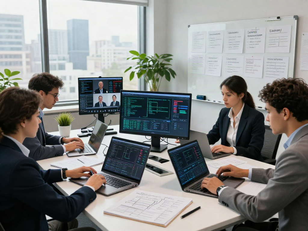 Cyber fraud investigation team collaborating in a modern office environment, analyzing digital evidence.