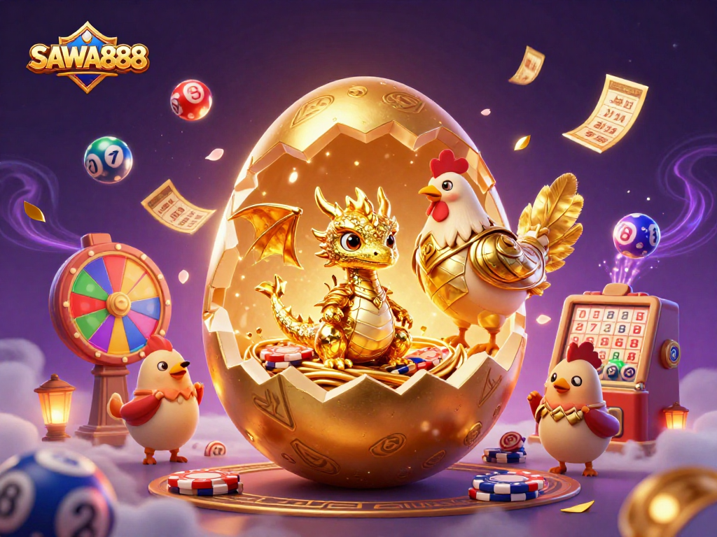 Experience SAWA888's golden baby dragon revealing vibrant lottery excitement in a captivating scene.