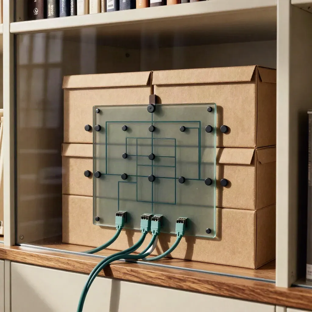 Archive boxes, data cables, glass plates and node pegs arranged in a precise AI strategy hierarchy.
