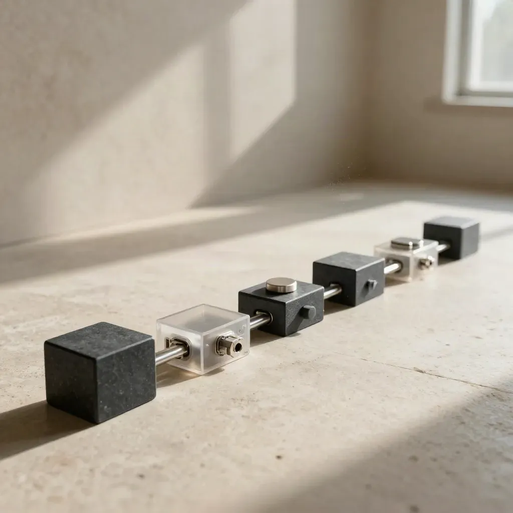 Sunlit prototype blocks and translucent module shells map a machine learning roadmap on a stone floor.