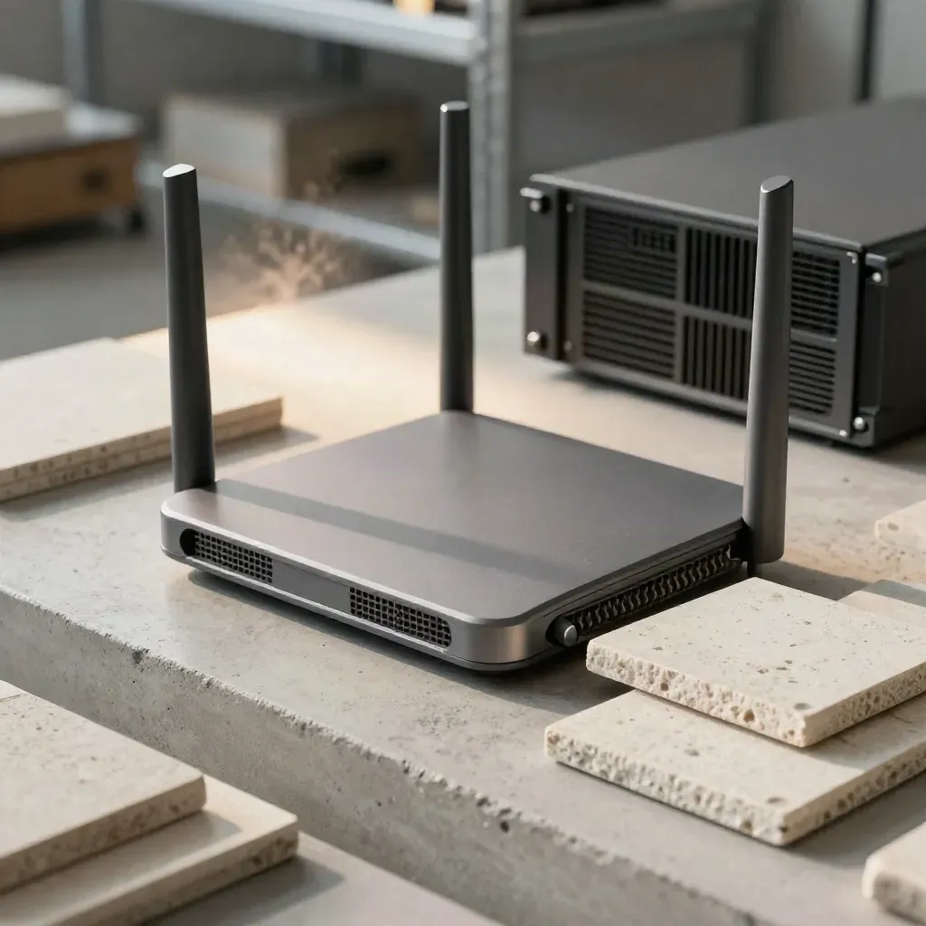 Router, server module, cables and stone tiles on a concrete plinth in warm afternoon light.