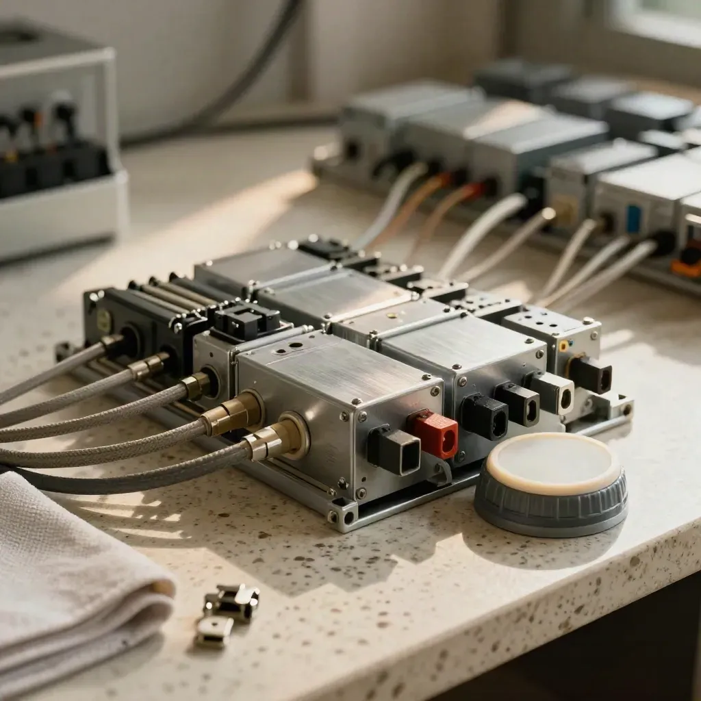 Automation modules and cable loops on travertine, lit warmly as an indicator pulses between units.