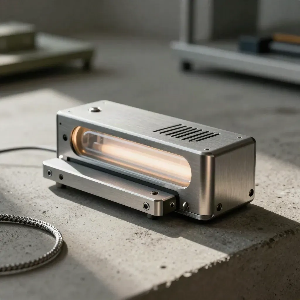 Aluminium AI prototype module on a dock, lit dramatically in a moody lab.