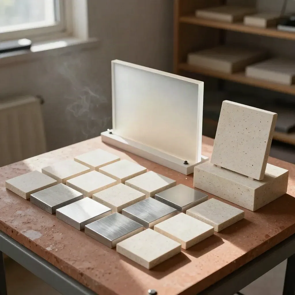 Overhead model evaluation rig with sample tiles, calibration blocks and frosted chamber in warm window light