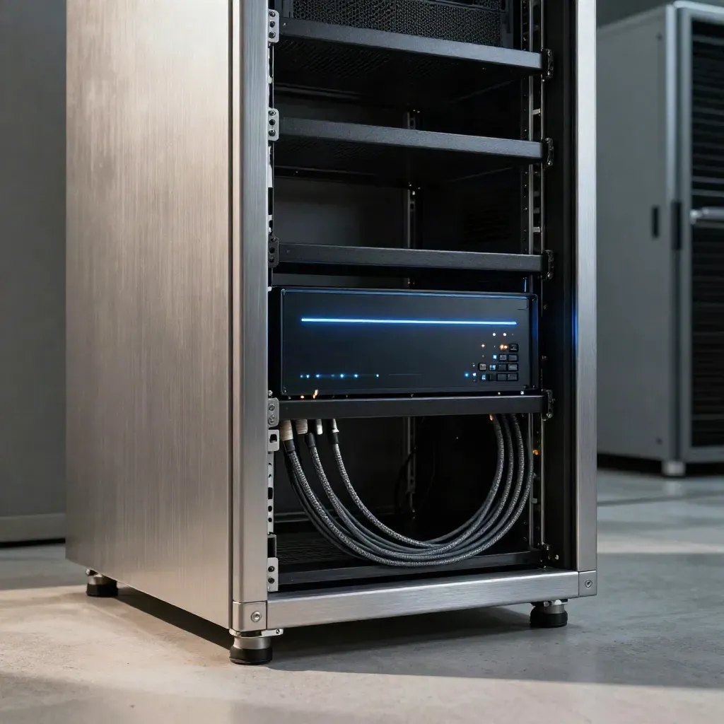 Close-up of a live scoring server rack with glowing status strip and fibre cables.
