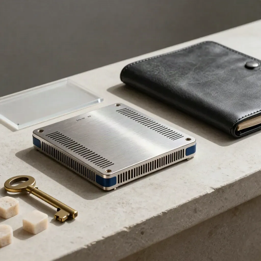 AI strategy still life with prototype module, acrylic tile, leather folio and travertine chips.