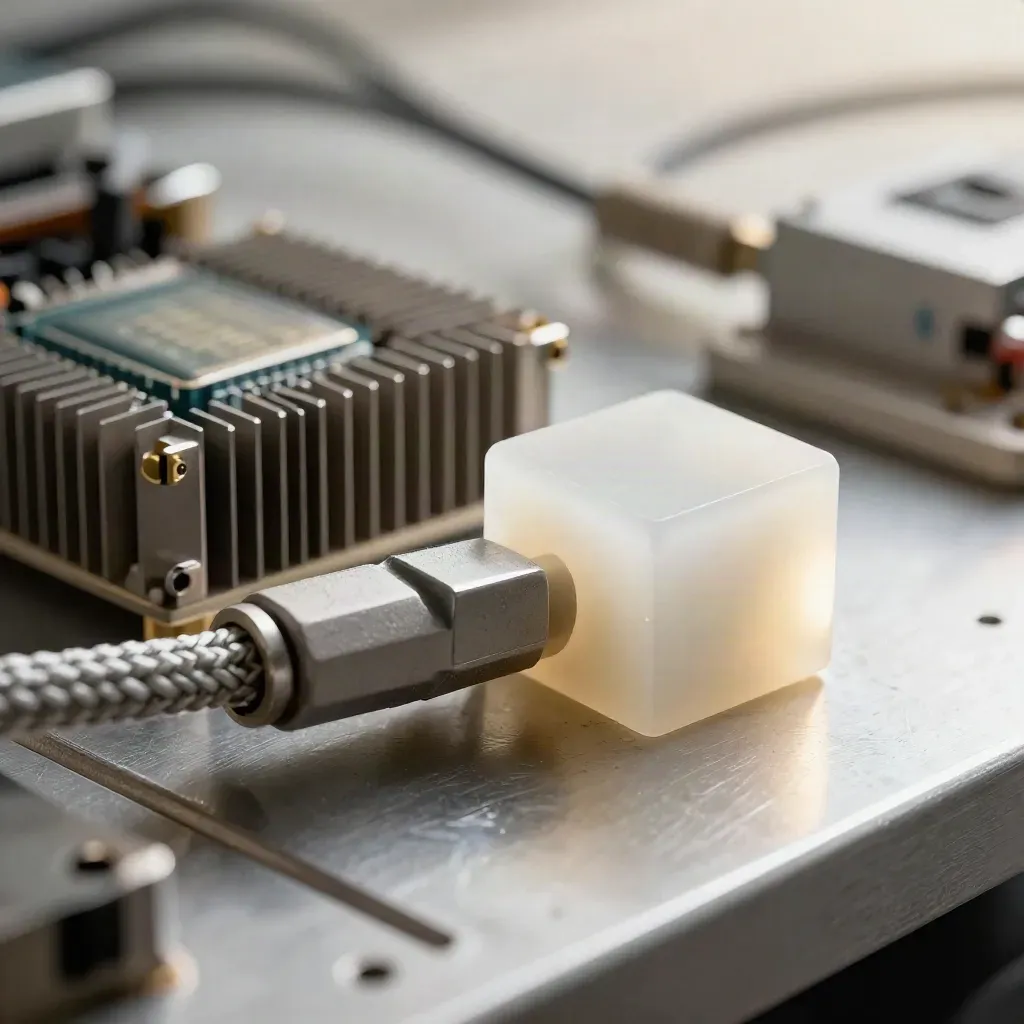 Macro of a finned processor housing, braided cable and translucent cube on a metal bench.