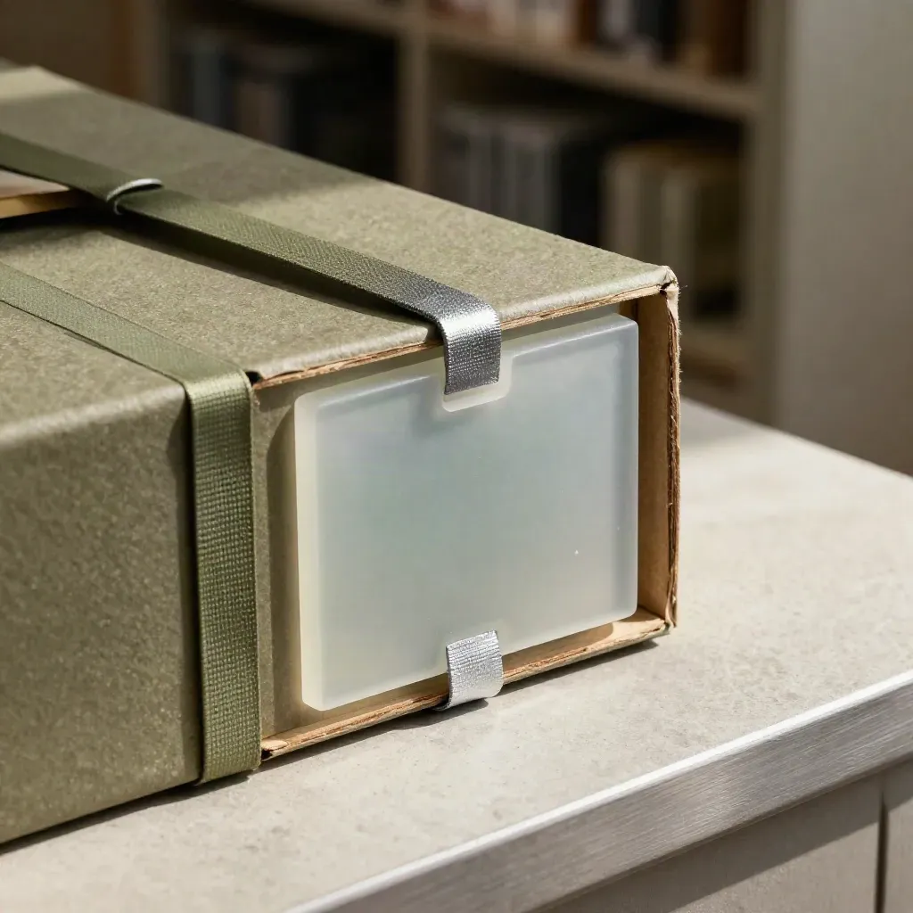 Khaki archival card box, flat cable ties, and frosted topology tile on a stone bench.