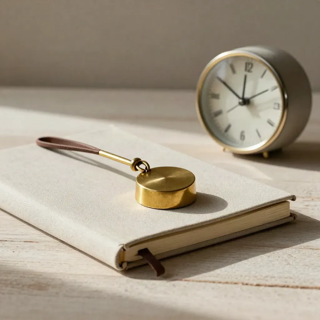 Brass calling token beside a closed notebook and ceramic clock on pale ash wood