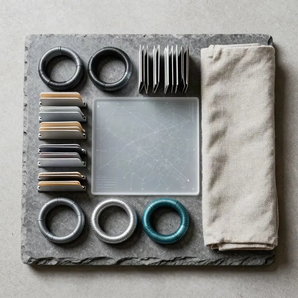 Stone tray with cable loops, tabbed dividers, and a translucent map tile in soft daylight.