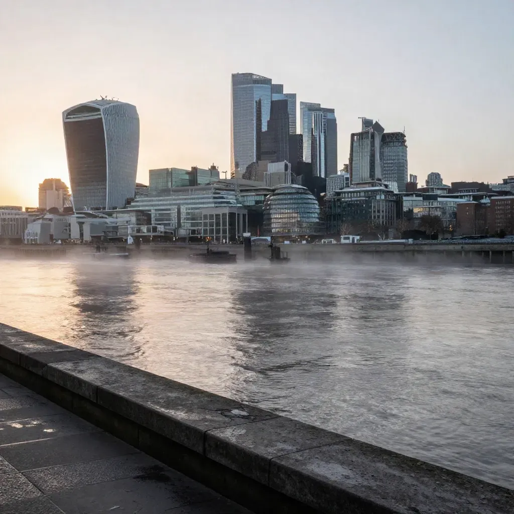 Sunrise Thames bend with City and Canary Wharf silhouettes above calm misty water