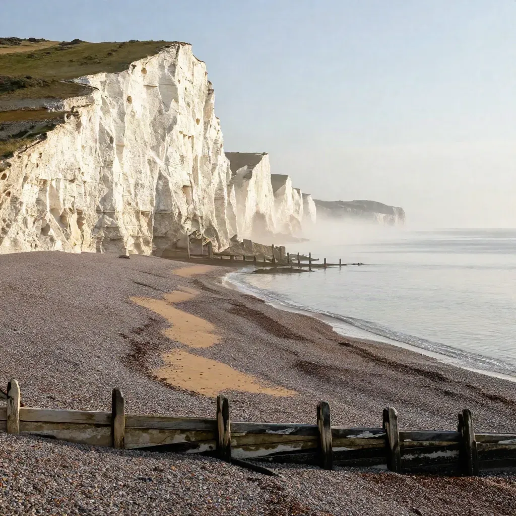 Brighton chalk cliffs over a calm reflective beach at golden hour