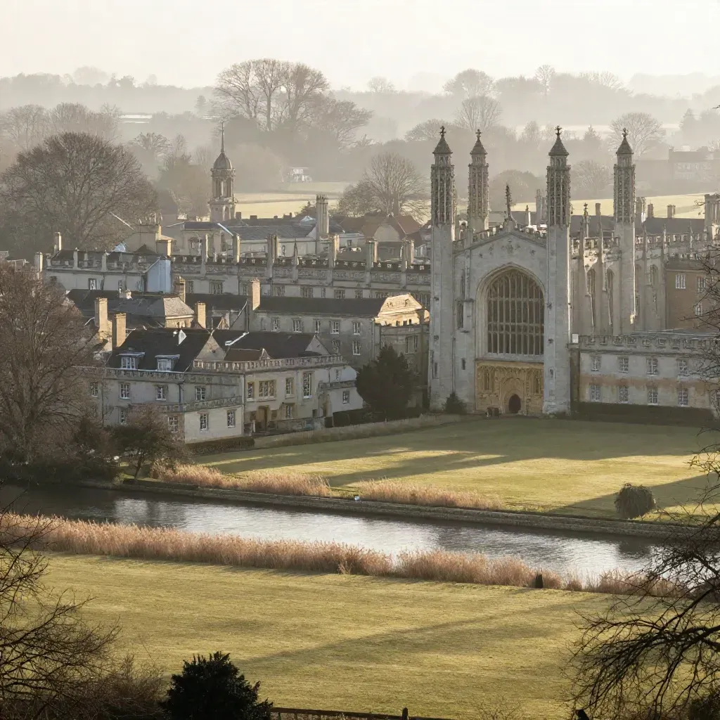 Misty dawn over Cambridge spires and river meadows with open calm foreground.