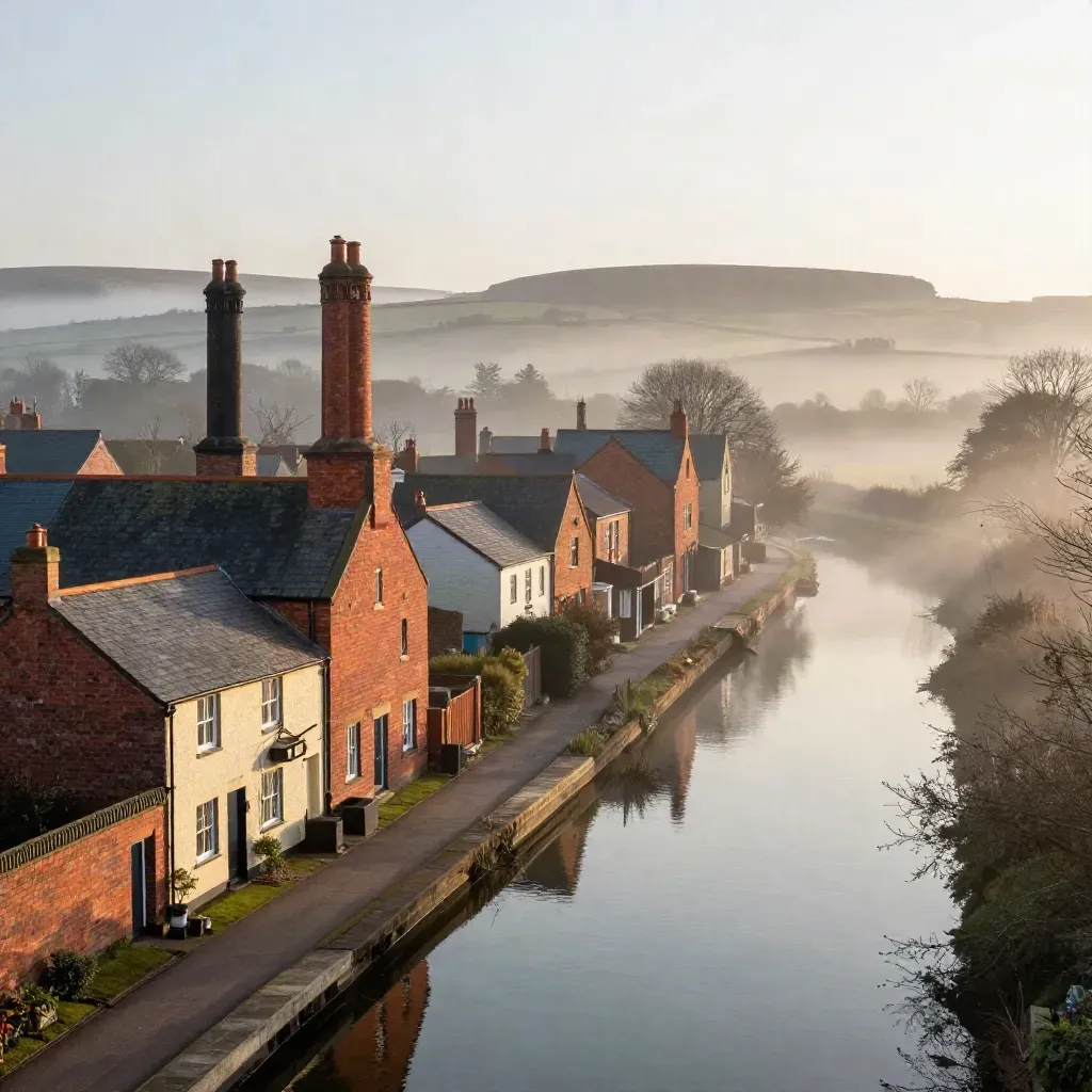 Red-brick mill terraces over a calm canal edge and moorland skyline at dawn.
