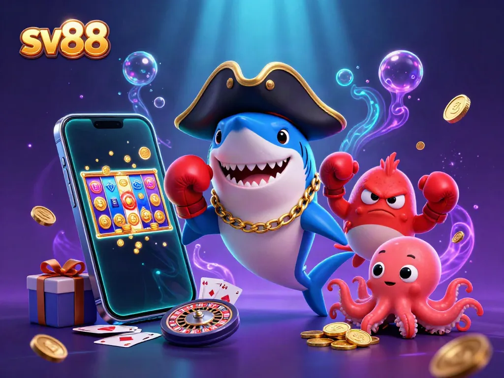 Spin to win with sv88 in a vibrant, bustling underwater casino scene featuring playful characters.