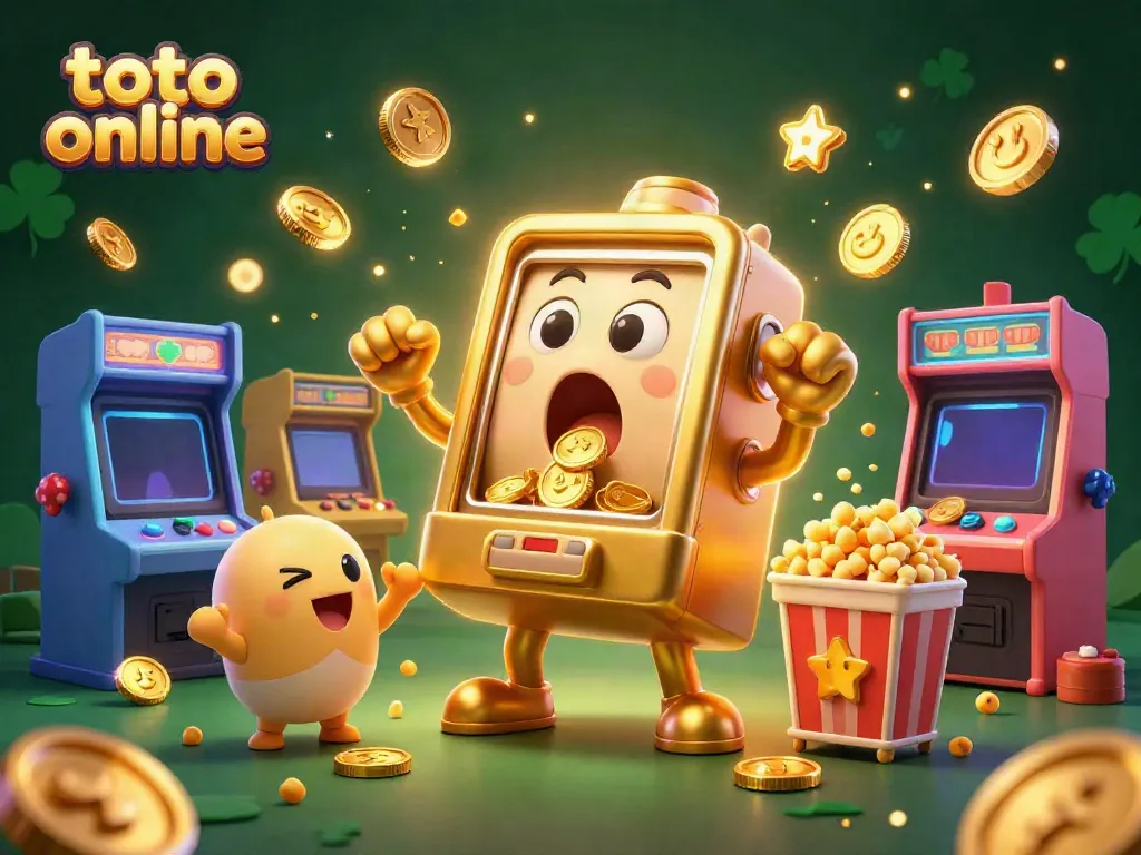 Engage in toto online slots with a golden jackpot slot machine showering coins, creating a vibrant and exciting scene.