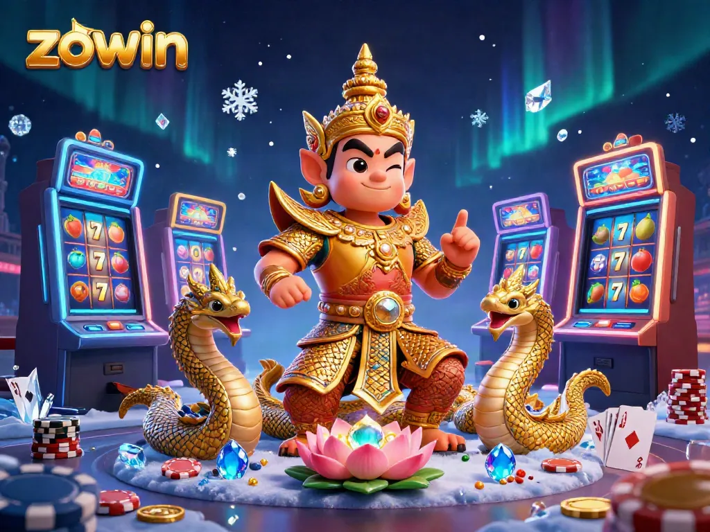 Experience vibrant gaming with zowin in this lively casino scene featuring dynamic characters and slot machines.