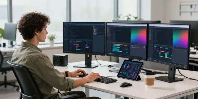 Web developer using instant indexing tools in a modern office setting.