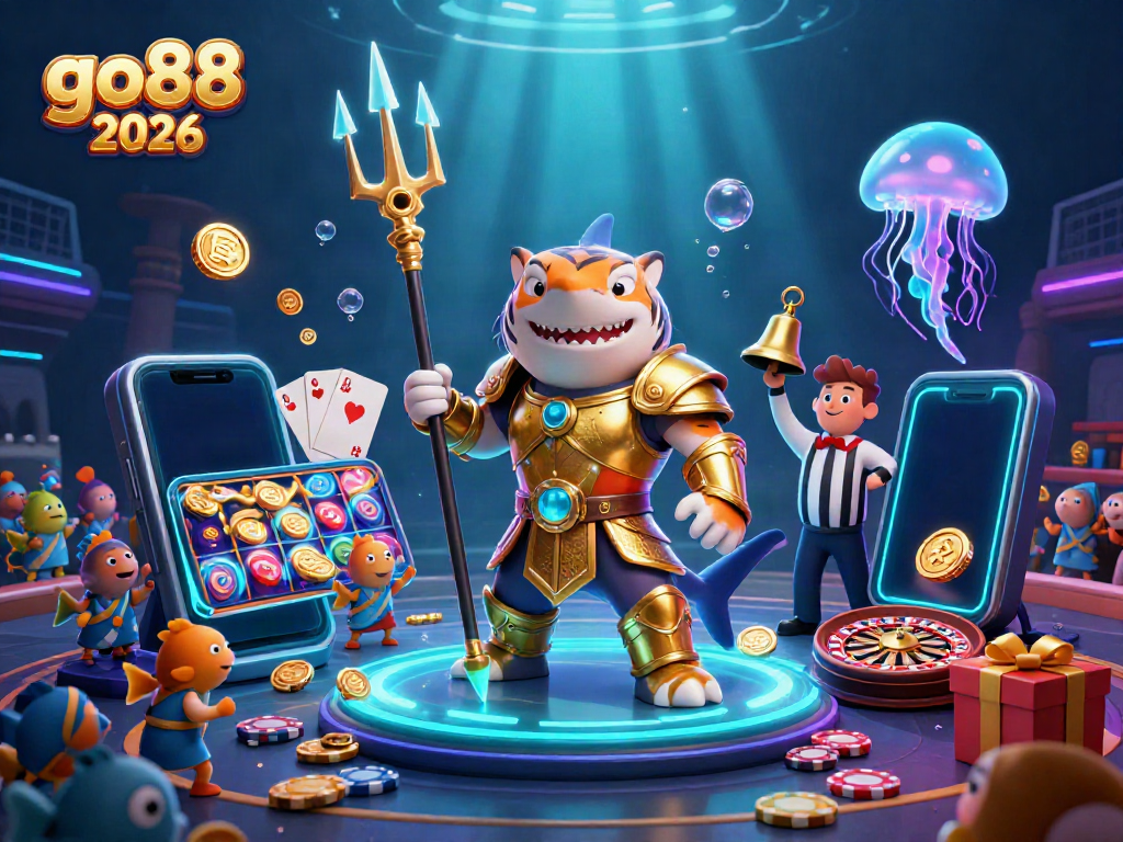 Experience the thrilling underwater action with go88 2026, featuring a tiger shark warrior in a vibrant casino scene.