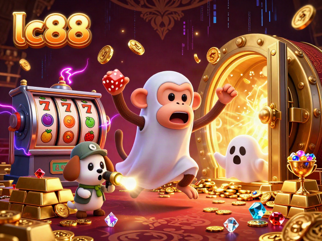 Engage with lc88 in this vibrant casino scene featuring a poltergeist monkey and a ghost-hunter puppy amidst slot reels and treasures.