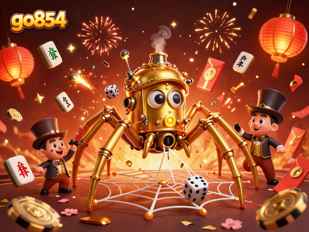 Experience excitement at go854 with steampunk elements, golden decor, and festive gaming vibes.
