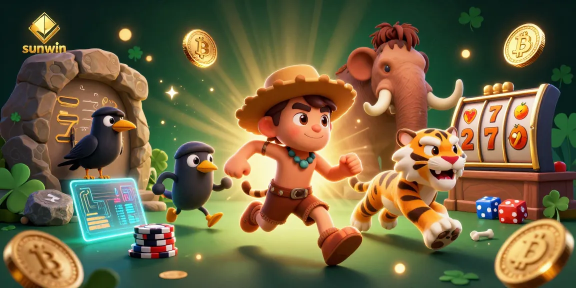 Embrace the thrill of sunwin at a prehistoric casino with cavemen, crypto elements, and vibrant game visuals.