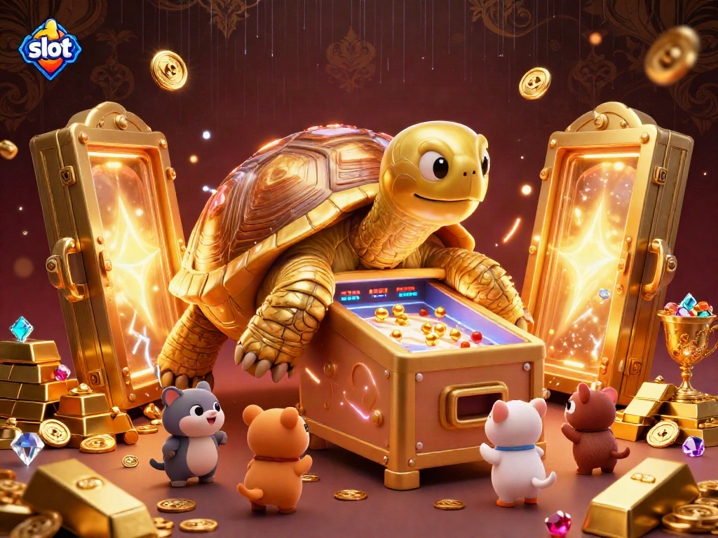 Experience exciting slot games with a golden tortoise pinball machine in a vibrant casino scene.