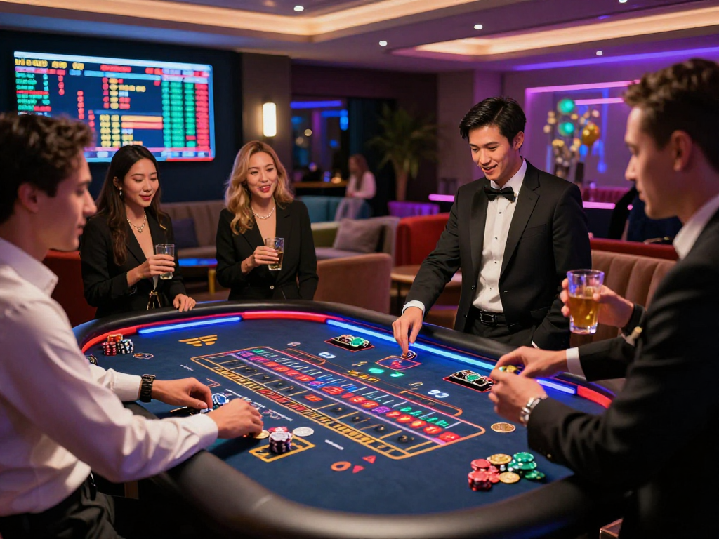 Exciting crypto casino scene with diverse players enjoying digital roulette in an upscale lounge