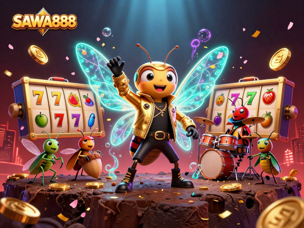 Experience the excitement of SAWA888 with vibrant slot reels and a dynamic rock star scene.