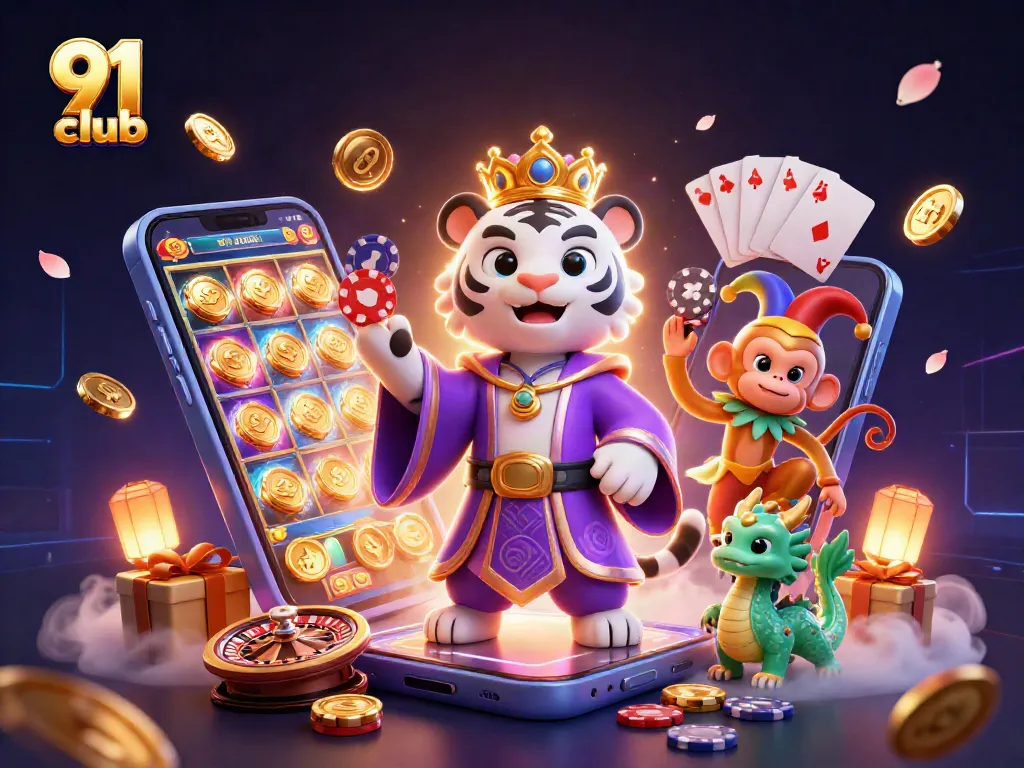 Play games at 91 club with a vibrant 3D illustration showcasing charm and excitement.