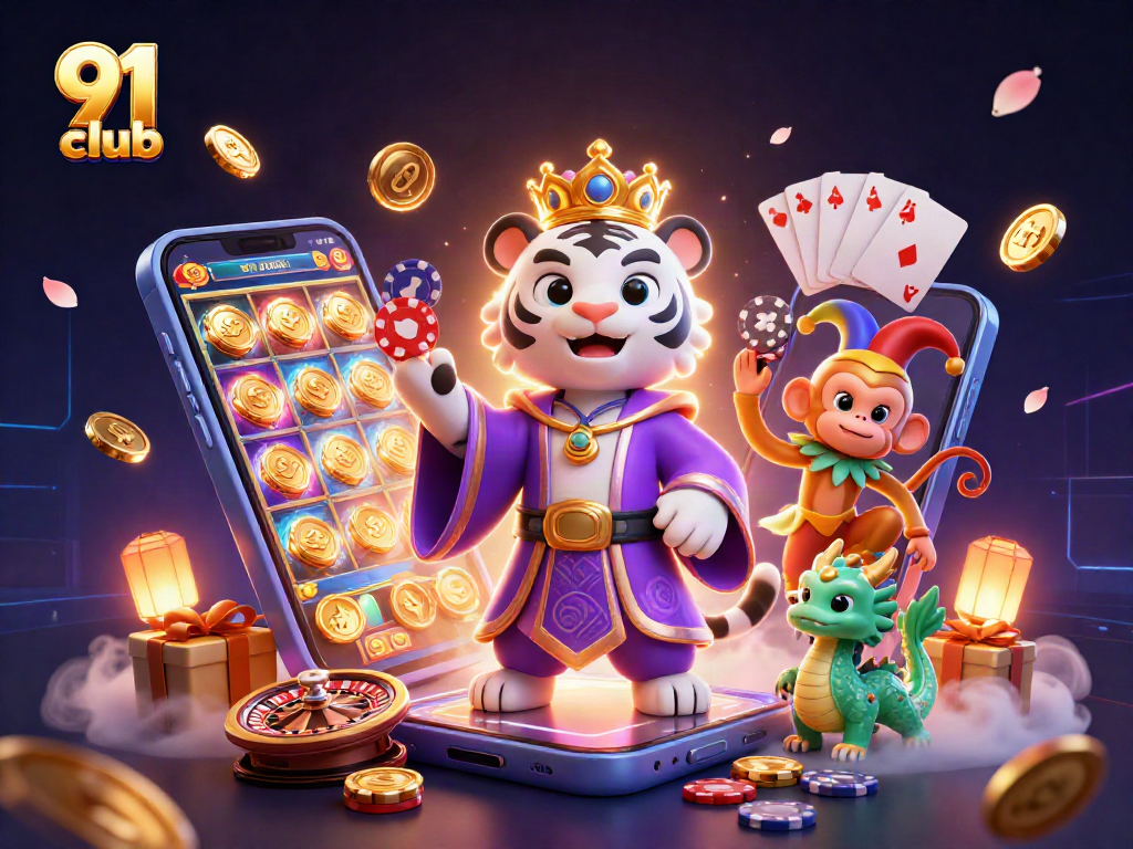 Play games at 91 club with a vibrant 3D illustration showcasing charm and excitement.