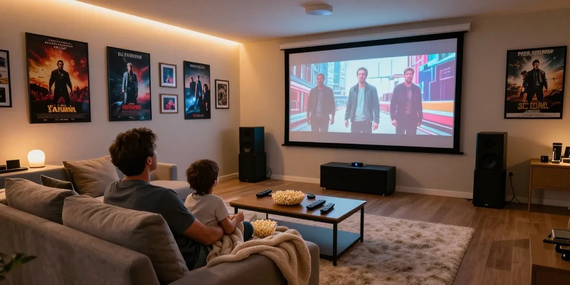 Family enjoying a cozy movie night with the best projector 2026 in a modern home theater.