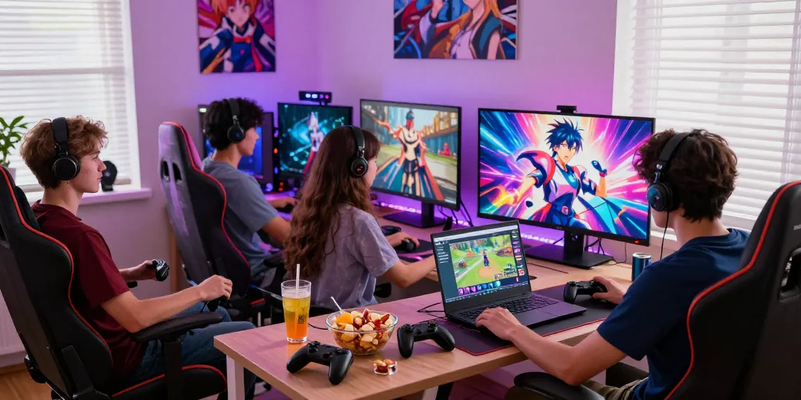 Engaged gamers playing hentai game online in a vibrant, inviting gaming space with anime visuals and ambient lighting.