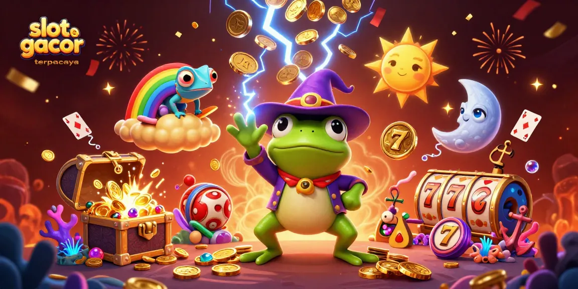 Win with slot gacor terpercaya in an exciting 3D casino scene packed with vibrant characters and treasure.