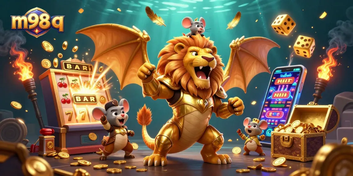 Engage with m98 q themes in this vibrant casino scene featuring lively elements and golden treasures.