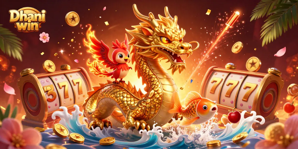 Dive into exciting slot games with Dhani win, featuring a fierce dragon and vibrant symbols.